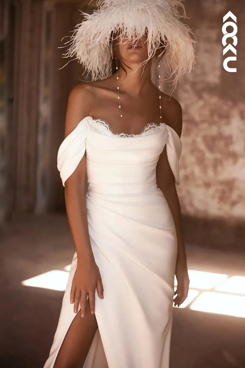 K1970 - Elegant & Classic Off-Shoulder Side Slit Sleeveless Ruched Wedding Dress