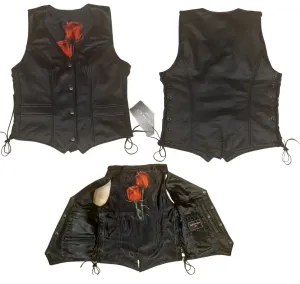 Ladies Black Leather Vest with Red Rose Lining 263