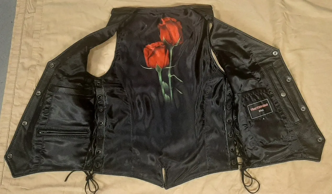 Ladies Black Leather Vest with Red Rose Lining 263