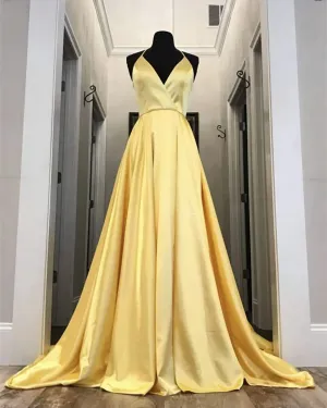 Long Yellow Prom Dresses Leg Split Evening Gowns