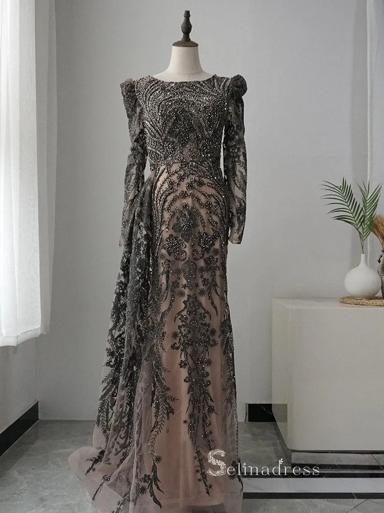 Luxury Sheath/Column Long Sleeve Black Embroidery Beaded Long Prom Dresses Evening Dresses ASB020