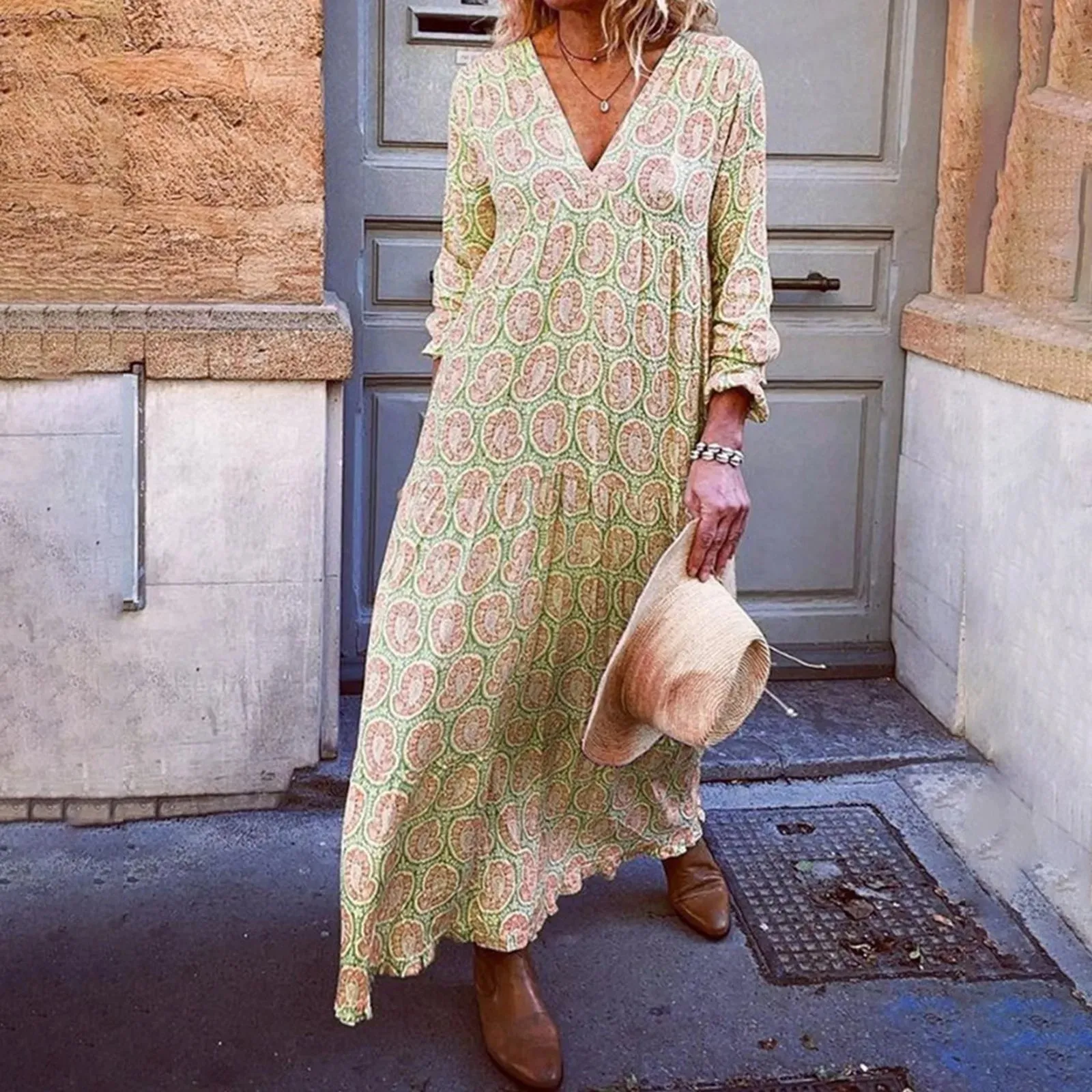 Maxi Loose Geometric Print Vintage Summer Long Casual Boho Dress