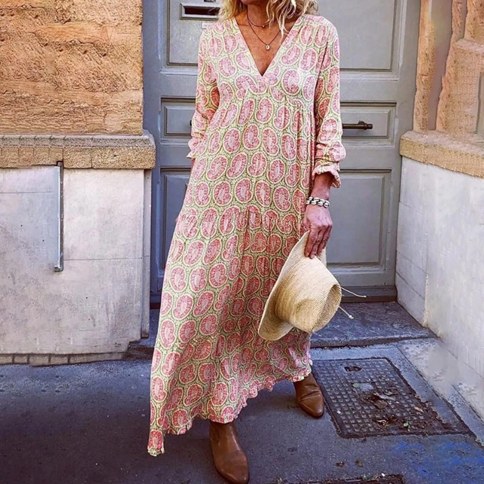 Maxi Loose Geometric Print Vintage Summer Long Casual Boho Dress