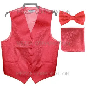 Men's paisley Tuxedo VEST Waistcoat_bowtie & hankie set formal wedding coral