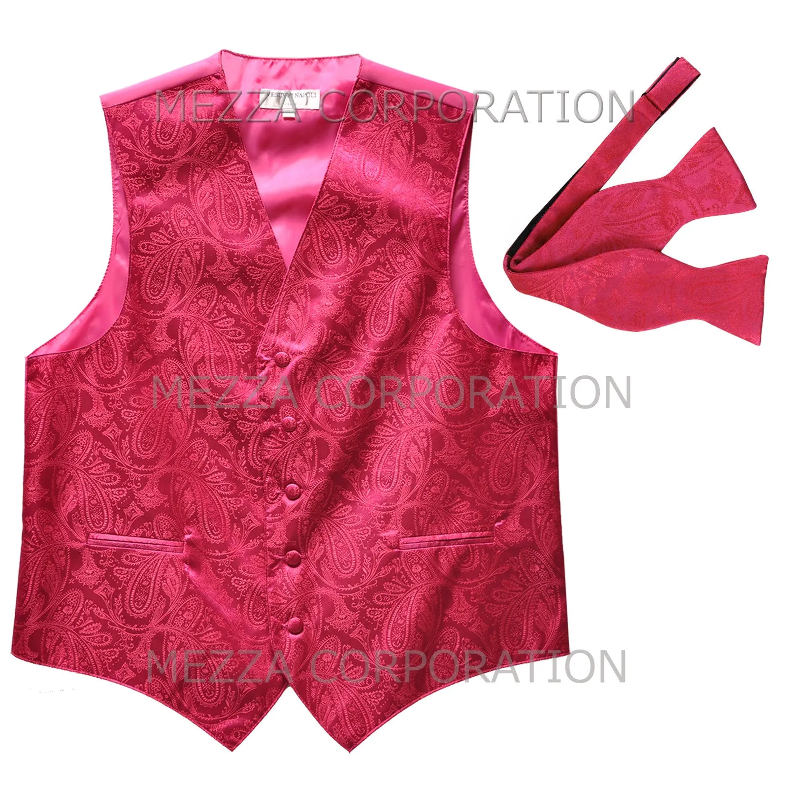 Men's paisley Tuxedo VEST Waistcoat_self tie bowtie hot pink