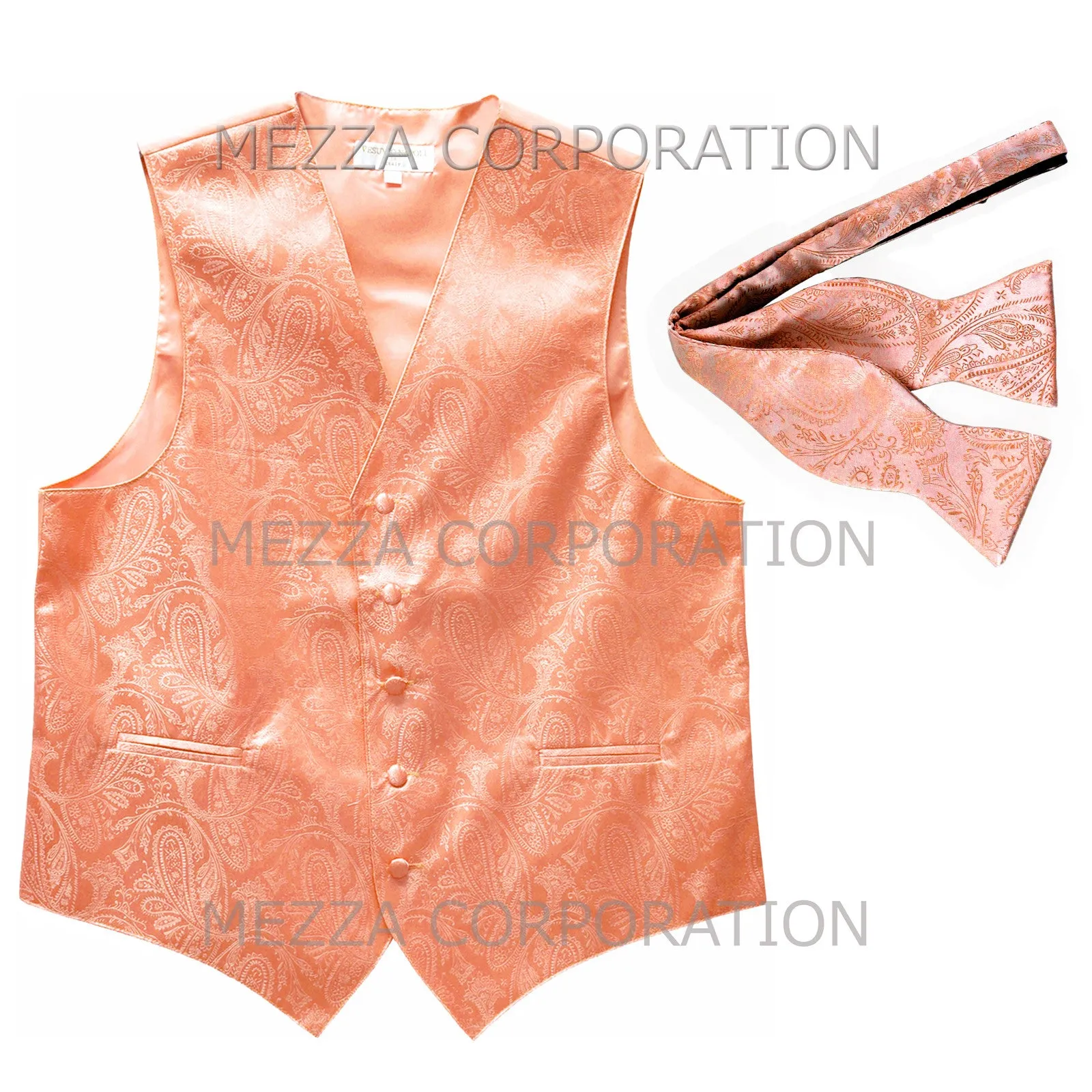 Men's paisley Tuxedo VEST Waistcoat_self tie bowtie peach