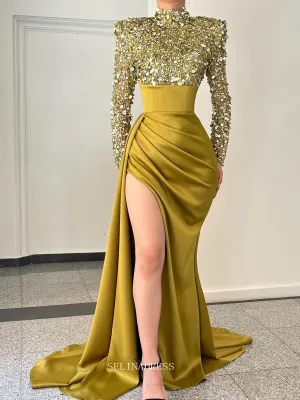 Mermaid High Neck Mustard Yellow African Prom Dress Sequins Long Evening Gowns Formal Dress #POL121