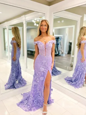 Mermaid Off-the-shoulder Lilac Long Prom Dress Cheap Beaded Lace Evening Gowns LPK170