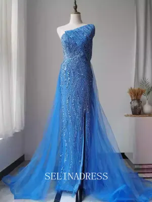 Mermaid One Shoulder Beaded Long Prom Dress Blue Dubai Evening Formal Gown EWR104