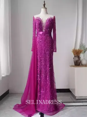 Mermaid Scoop Neck Beaded Long Prom Dress Long Sleeve Evening Formal Gown EWR107