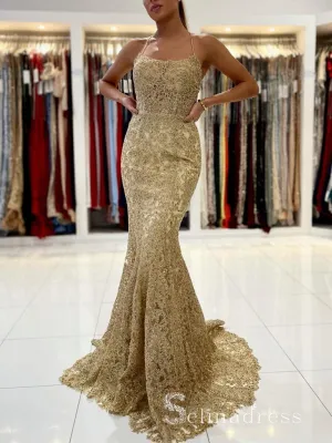 Mermaid Spaghetti Straps Prom Dresses Gold Long Prom Dress Lace Evening Dress CBD234