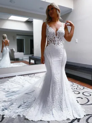 Mermaid Spaghetti Straps White Lace Wedding Dress  With Sweep Train EWR399