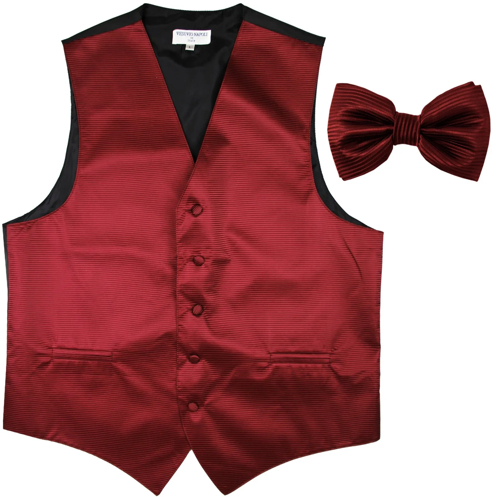 New formal men's tuxedo vest waistcoat & bowtie horizontal stripes prom burgundy