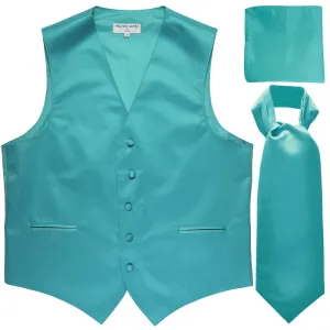 New Men's formal vest Tuxedo Waistcoat ascot hankie set wedding prom aqua blue