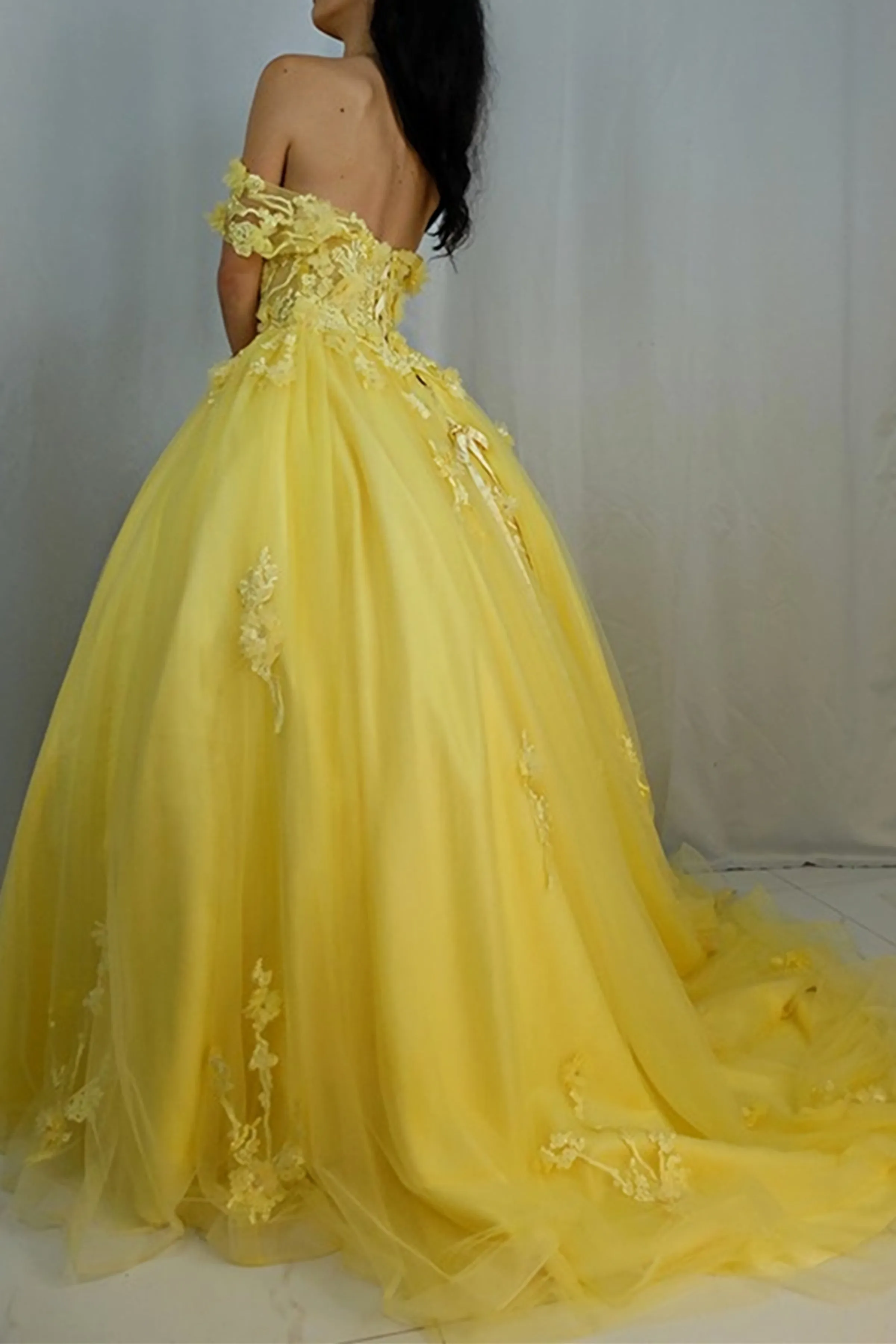 Off Shoulder Yellow Lace Tulle Long Evening Dress, Yellow Lace Formal Dresses