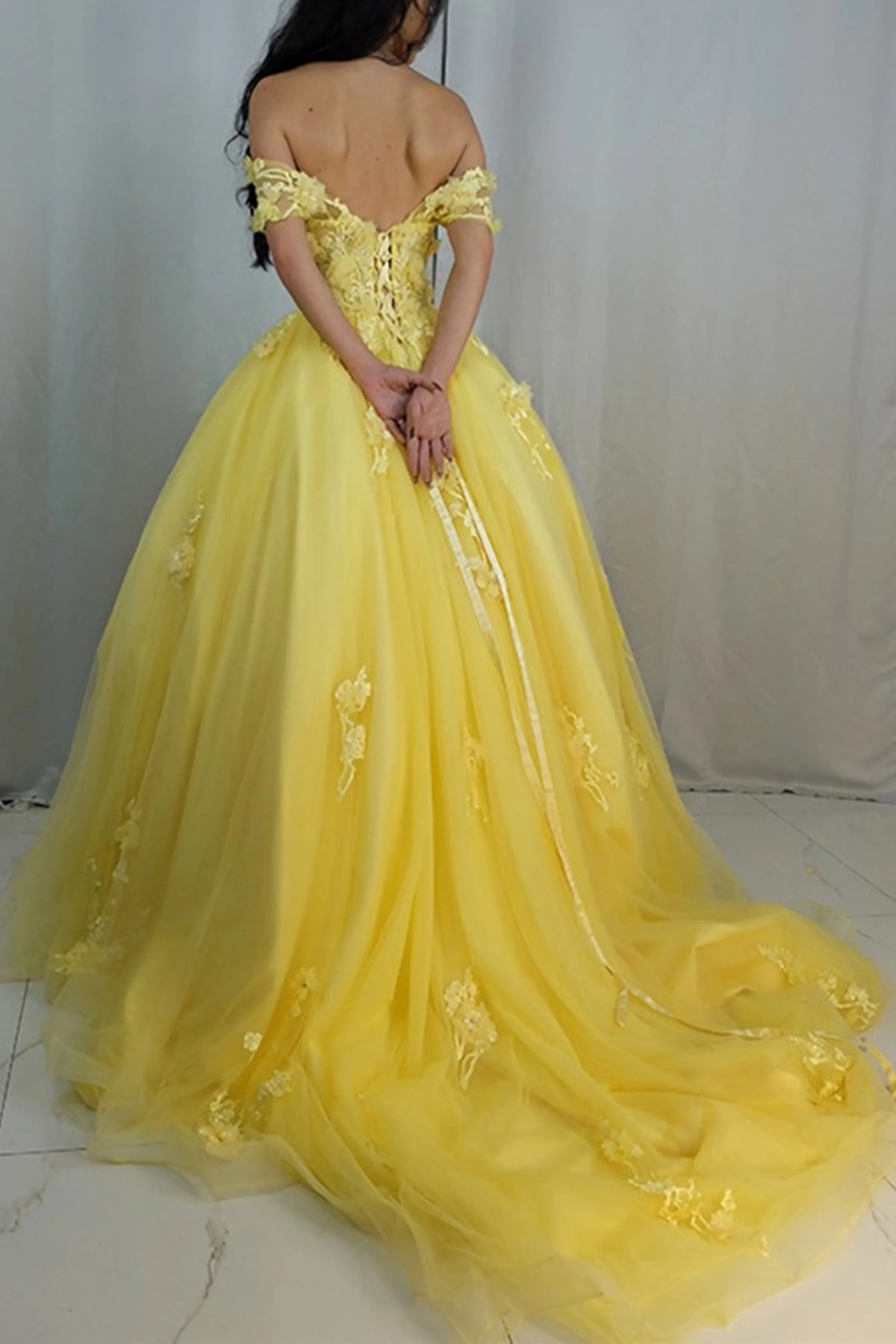 Off Shoulder Yellow Lace Tulle Long Evening Dress, Yellow Lace Formal Dresses