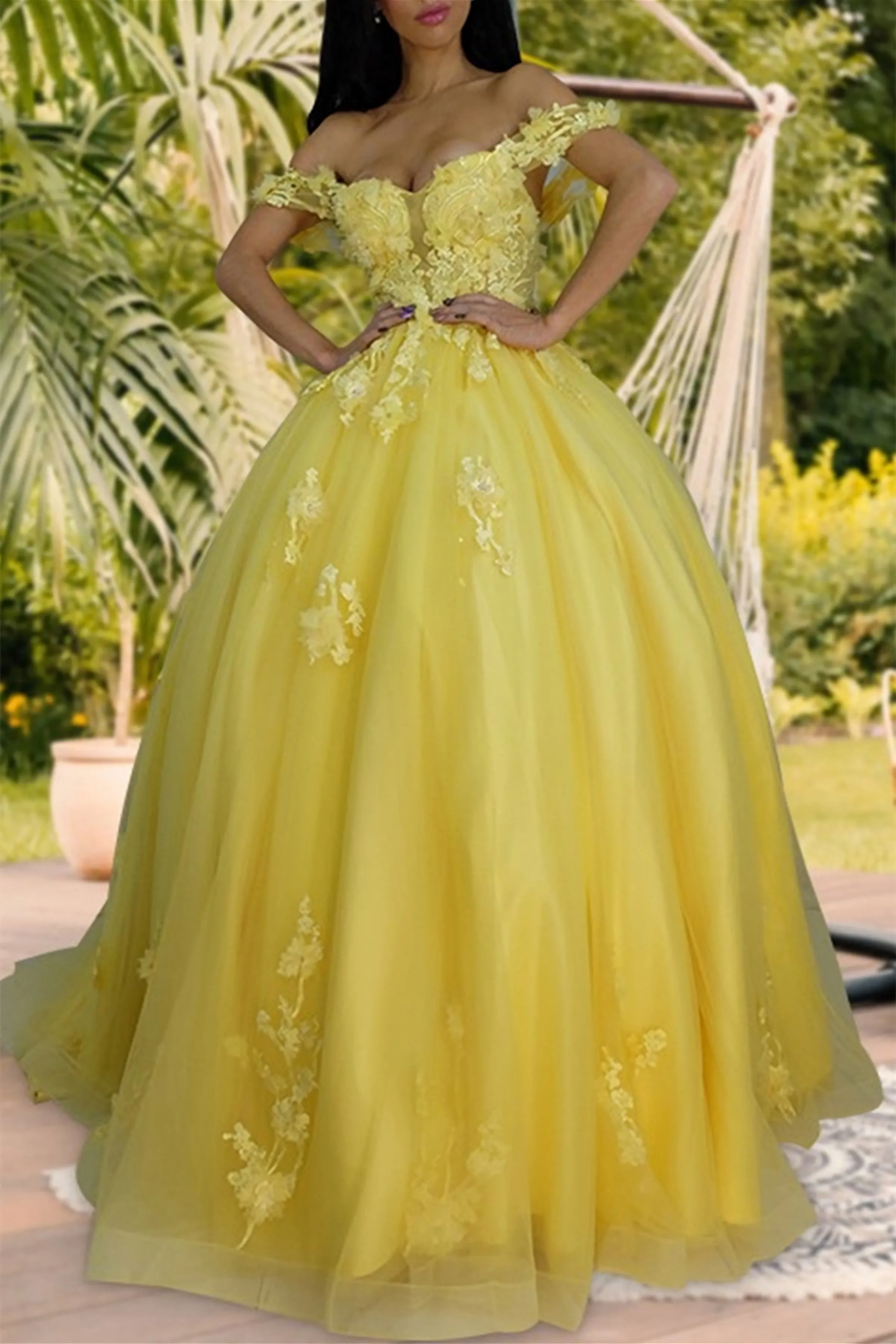 Off Shoulder Yellow Lace Tulle Long Evening Dress, Yellow Lace Formal Dresses