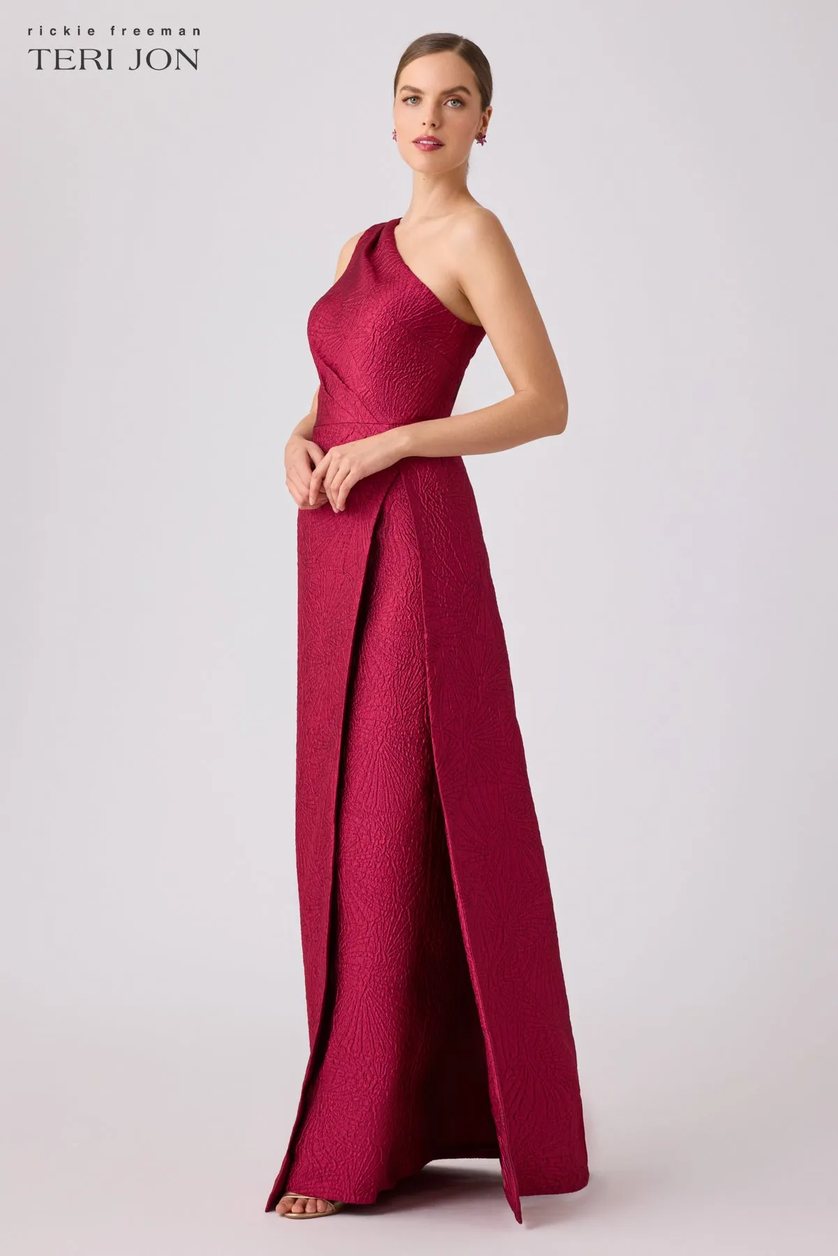 One Shoulder Jacquard Over Skirt Gown