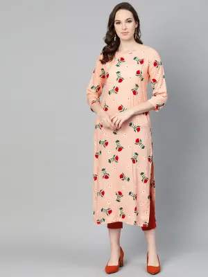 Peach Multi Colored Floral Printed Straight Kurta With Round Neck & 3/4 Sleeves