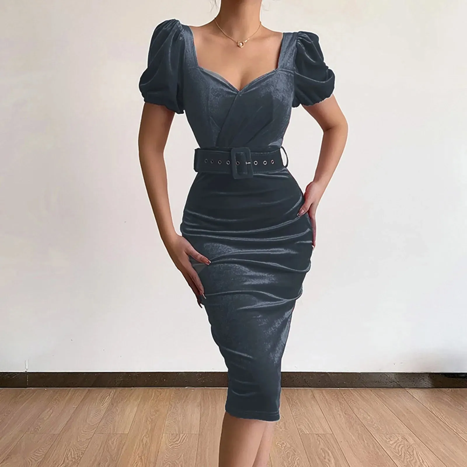 Puff Sleeve Slit Belted Short Sleeve Summer Elegant Casual Sexy Dress