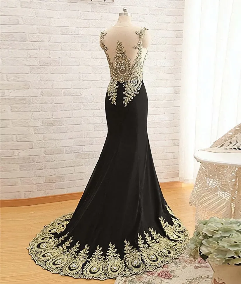 Round Neck Mermaid Lace Applique Black Prom Dresses Lace Black Formal Dresses