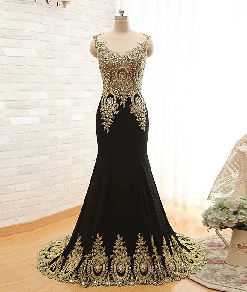 Round Neck Mermaid Lace Applique Black Prom Dresses Lace Black Formal Dresses