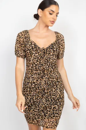 Ruched Leopard Print Bodycon Mini Dress