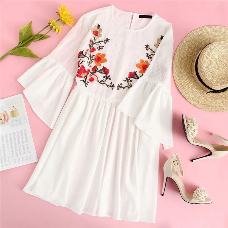 Ruffle Flower Embroidered Smock Dress