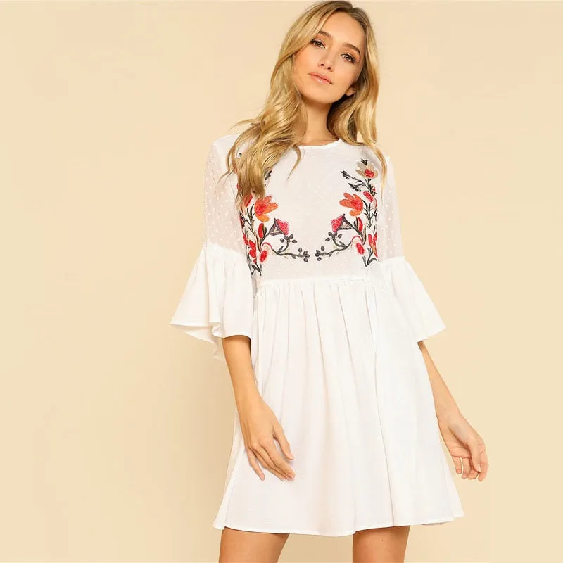 Ruffle Flower Embroidered Smock Dress