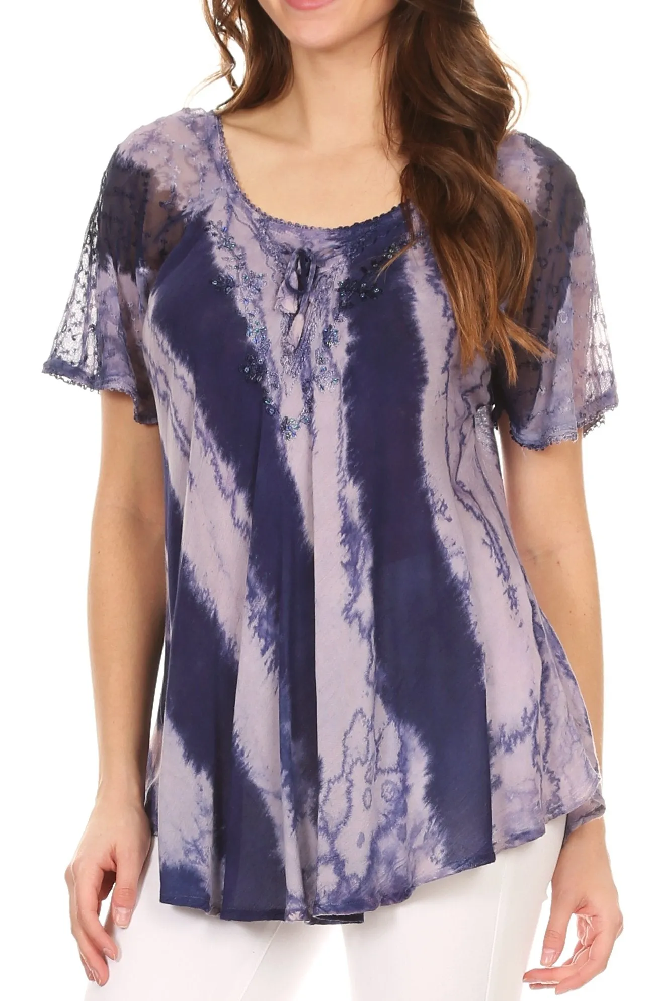 Sakkas Valencia Tie Dye Sheer Cap Sleeve Embellished Drawstring Scoop Neck Top