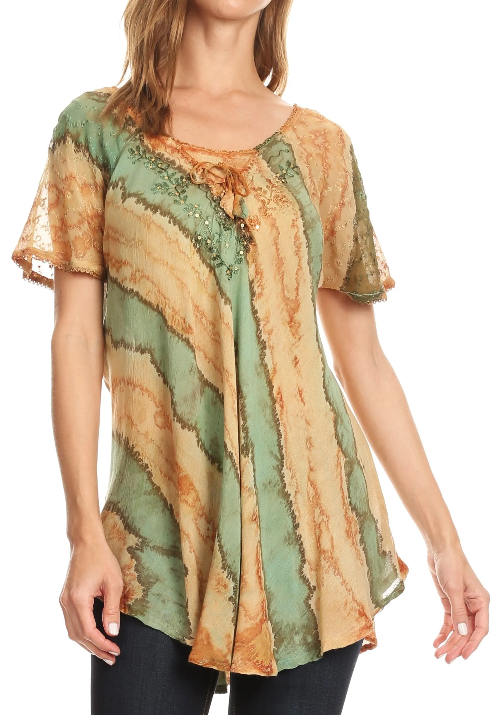 Sakkas Valencia Tie Dye Sheer Cap Sleeve Embellished Drawstring Scoop Neck Top