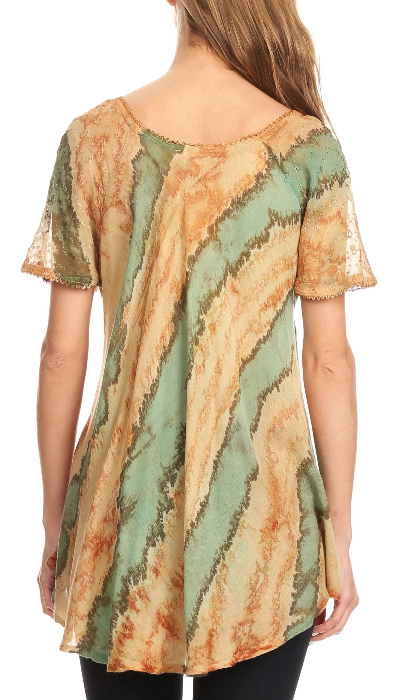 Sakkas Valencia Tie Dye Sheer Cap Sleeve Embellished Drawstring Scoop Neck Top