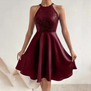 Sequined Lace Patchwork With Sash Cocktail Wedding Vintage Burgundy Flared Prom Casual Elegant Dress