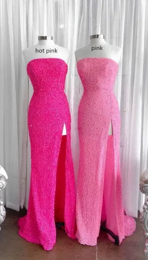 Strapless Pink Sequins Prom Dress with Slit,Sparkly White Night Dresses Party Event