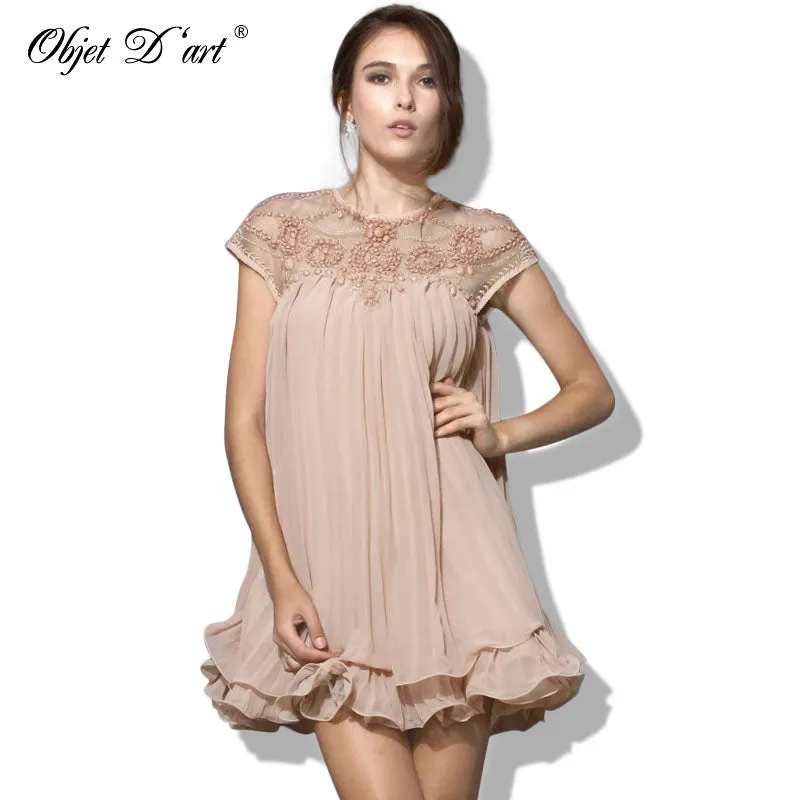 Summer Elegant Women Dresses Emboridery Lace Pleated Short Sexy Party Dress Hollow Out Chiffon Dress Apricot Vestido de festa