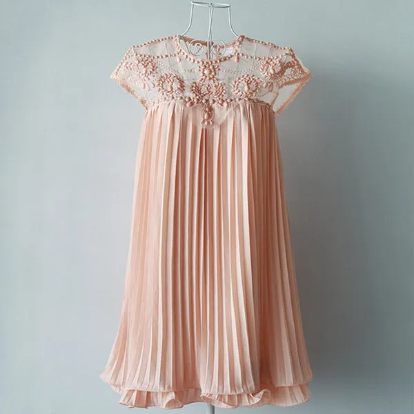 Summer Elegant Women Dresses Emboridery Lace Pleated Short Sexy Party Dress Hollow Out Chiffon Dress Apricot Vestido de festa