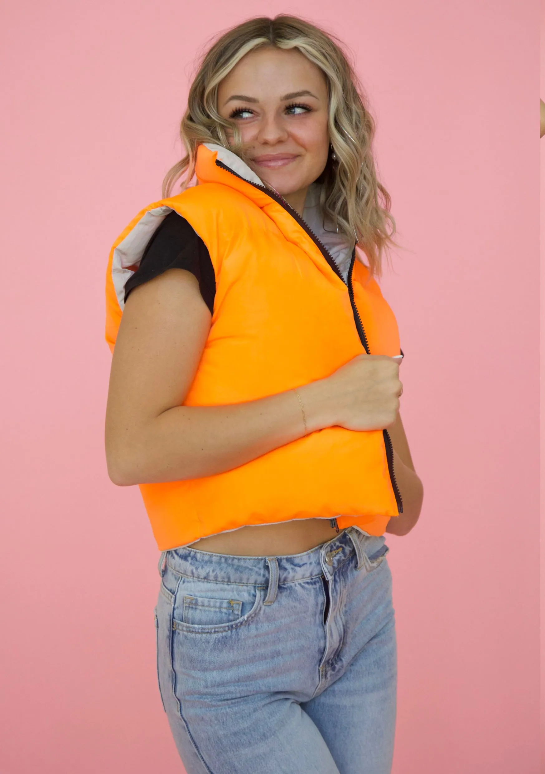 Switch the Mood Puffer Vest in Orange and Taupe