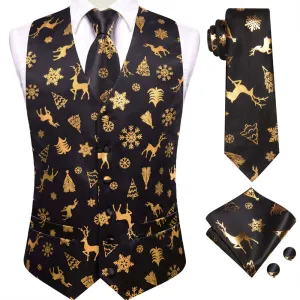 Ties2you Mens Silk Waistcoat Black Gold Christmas Elements Vest Necktie Set