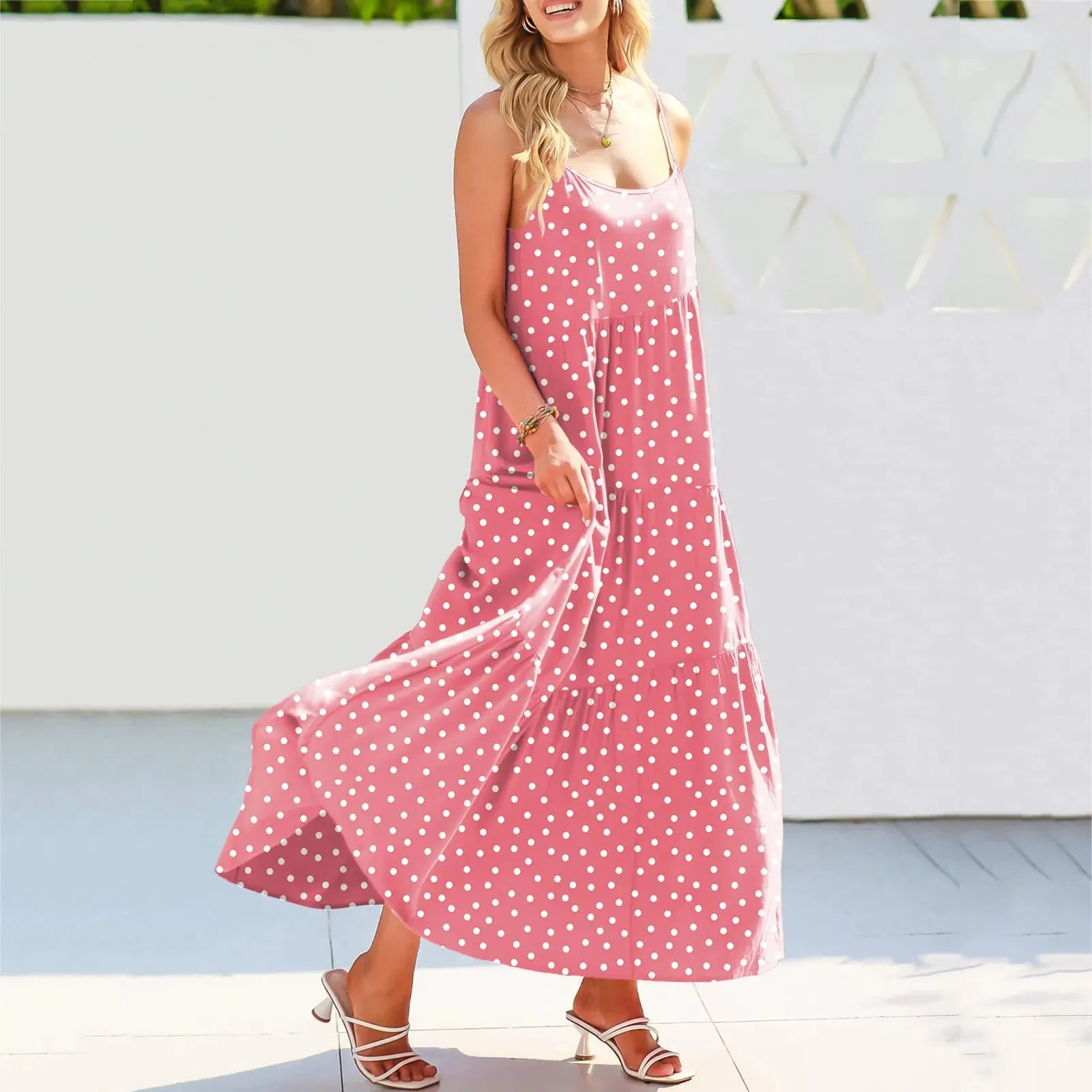 V Neck Loose A Line Polka Dots Solid Fashion Maxi Pullover Dating Casual Stylish Dress