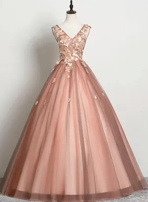 V-neckline Tulle Ball Gown Pink Sweet 16 Dresses, Ball Gown Lace Applique Quinceanera Dress