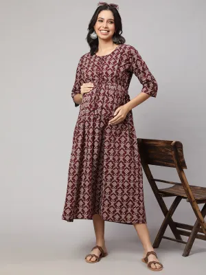 Women Burgundy Printed Maternity Dress