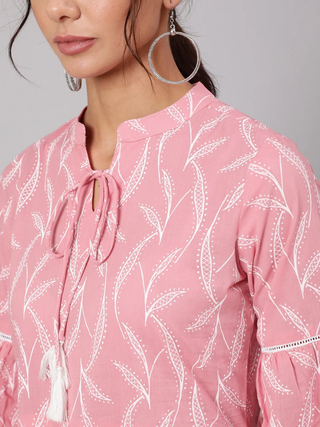 Women Pink Abstrac Printed Gathered Dress With Three Quarter Sleeves