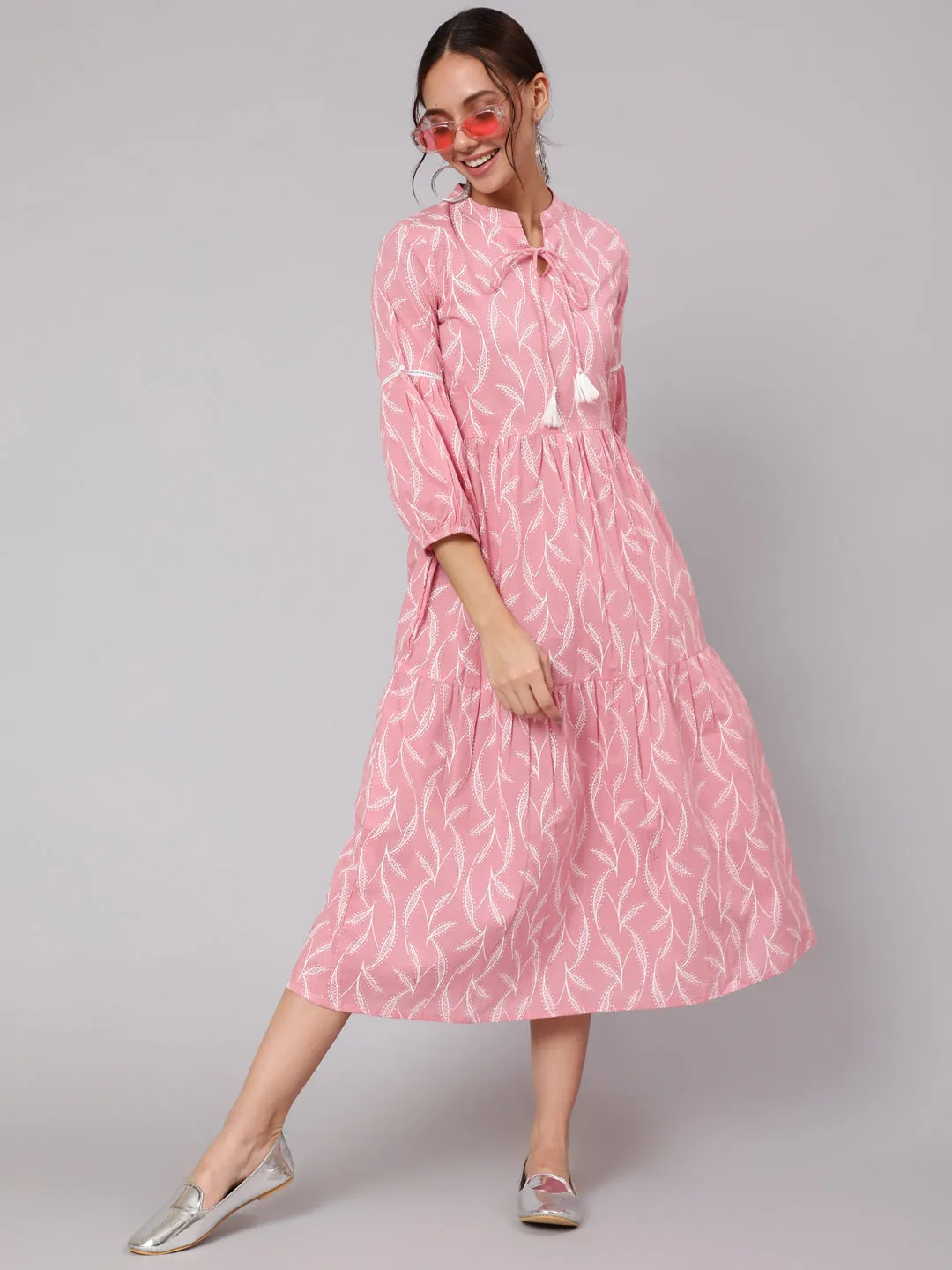 Women Pink Abstrac Printed Gathered Dress With Three Quarter Sleeves