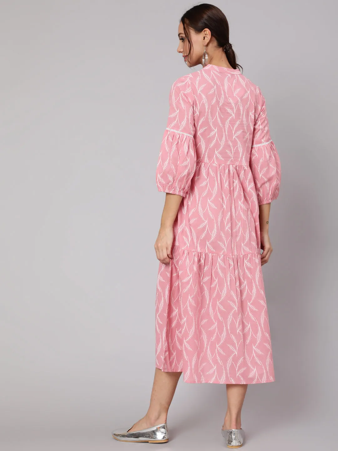 Women Pink Abstrac Printed Gathered Dress With Three Quarter Sleeves