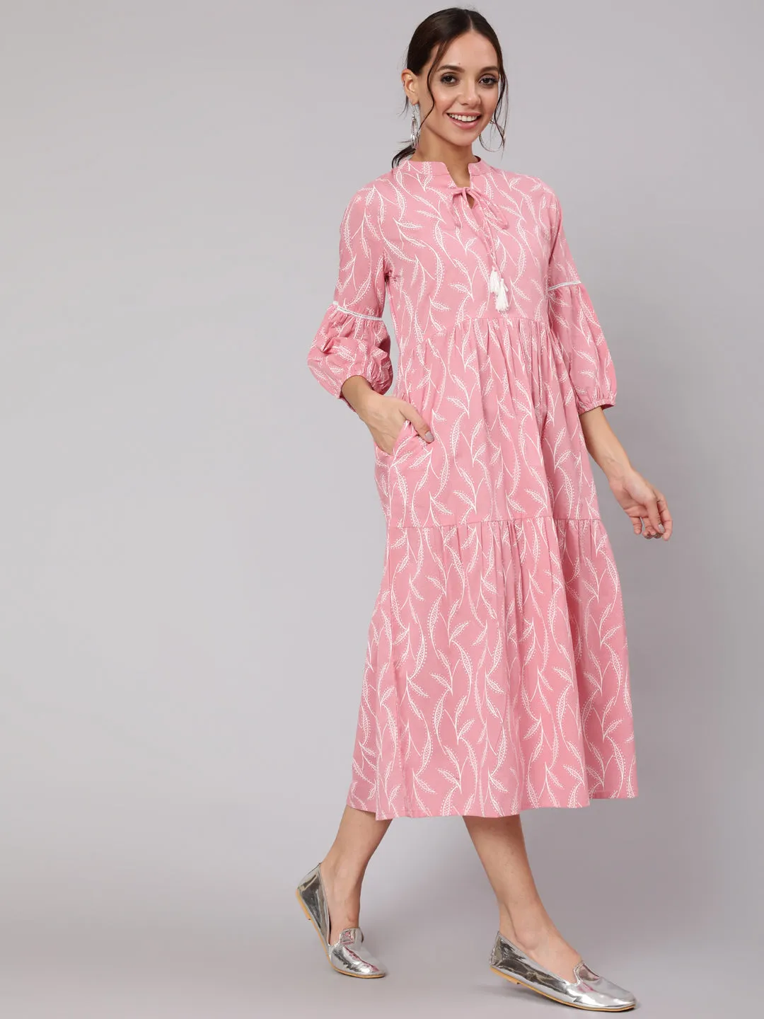 Women Pink Abstrac Printed Gathered Dress With Three Quarter Sleeves