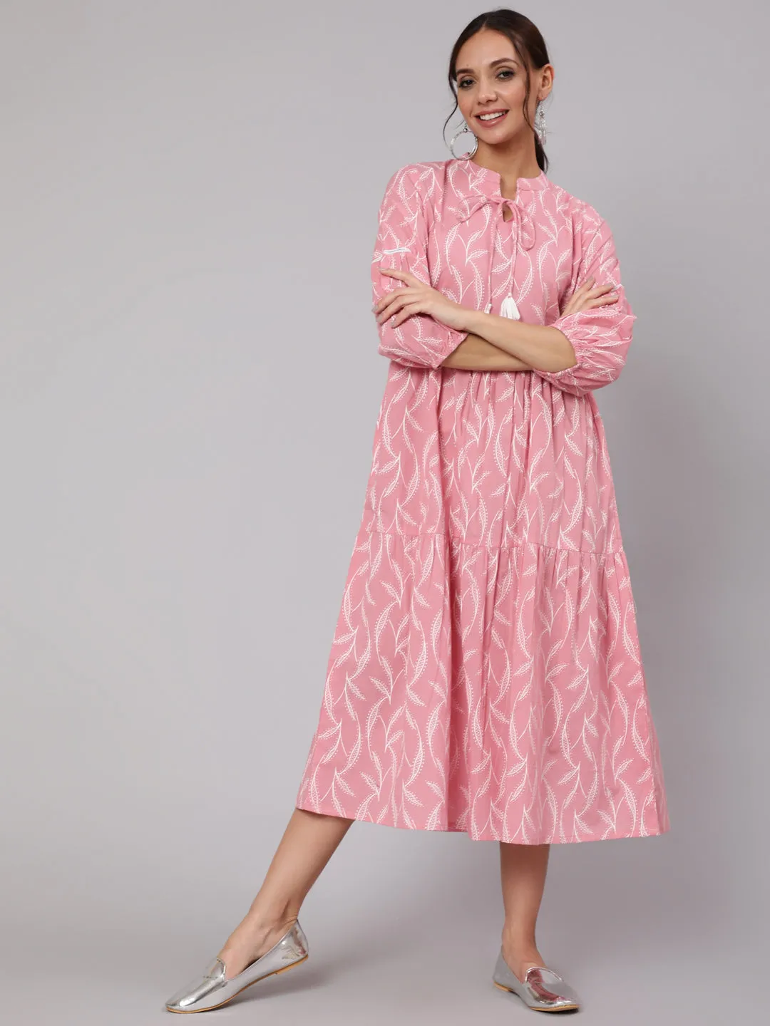 Women Pink Abstrac Printed Gathered Dress With Three Quarter Sleeves