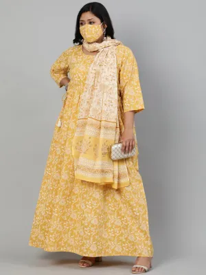 Women Yellow & Gold Floral Printed Kurta With Plazo & Dupatta