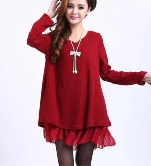 Womens Red Layered Tunic Sweater Dress with Frill Trim