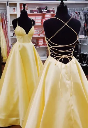 Yellow Satin Long Prom Dresses Simple A-Line Evening Dresses